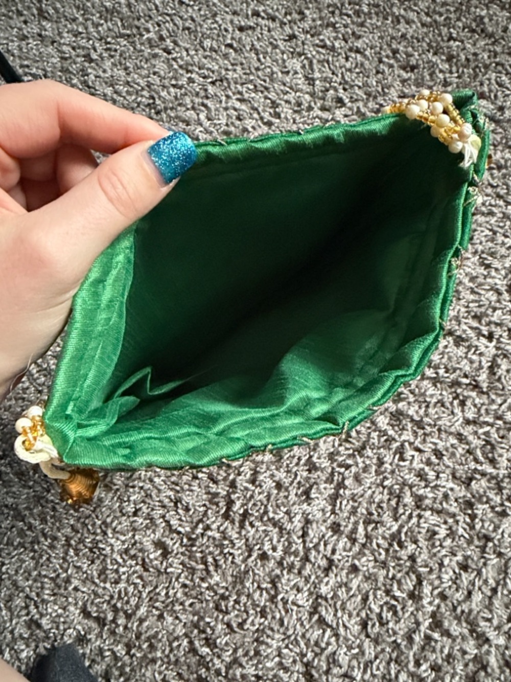Green Potli Drawstring Bag with Gold Beaded Handle - Picture 8 of 10